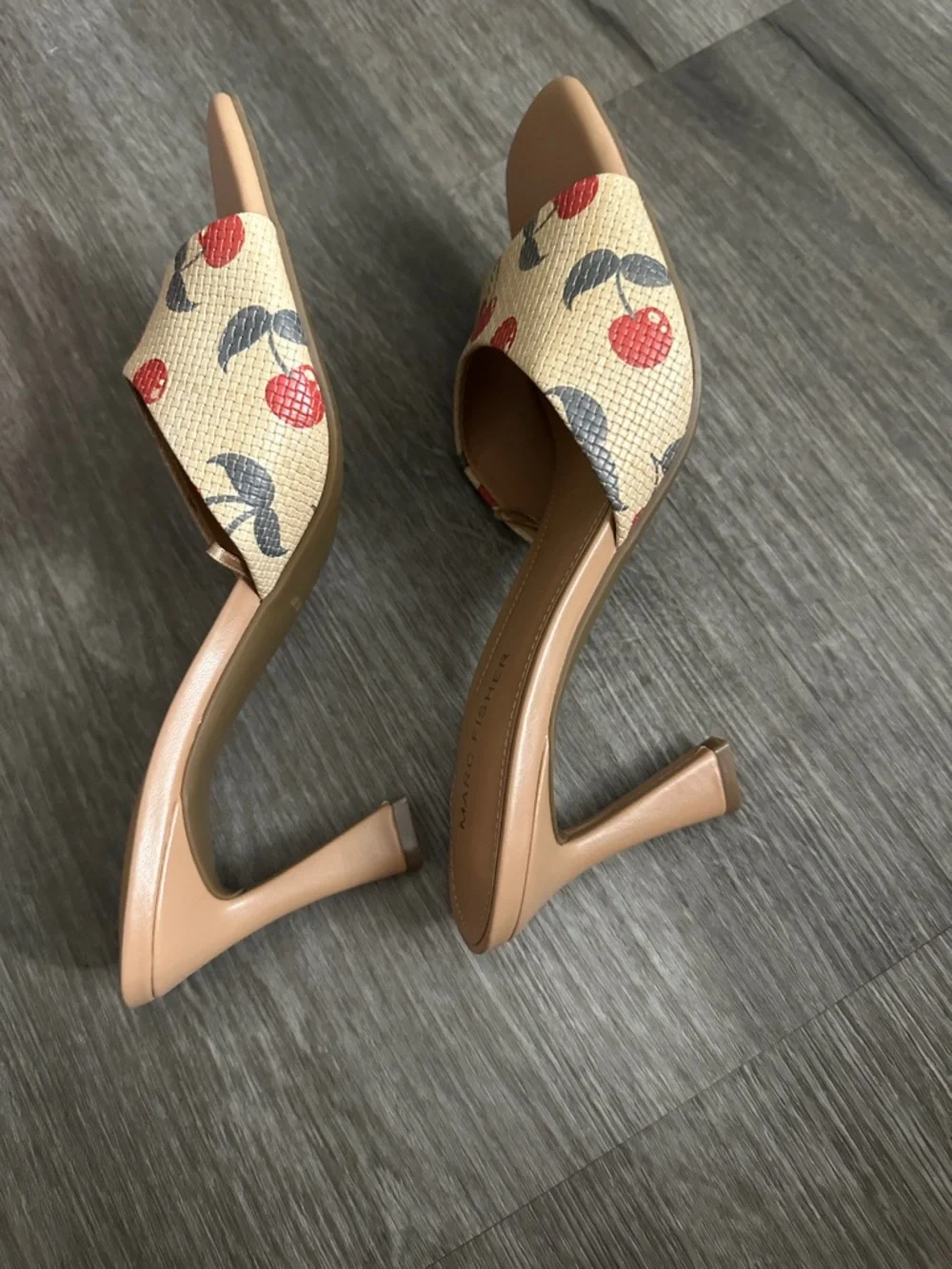Marc Fisher Peach Slide Heels with Cherry Print - Picture 6 of 8